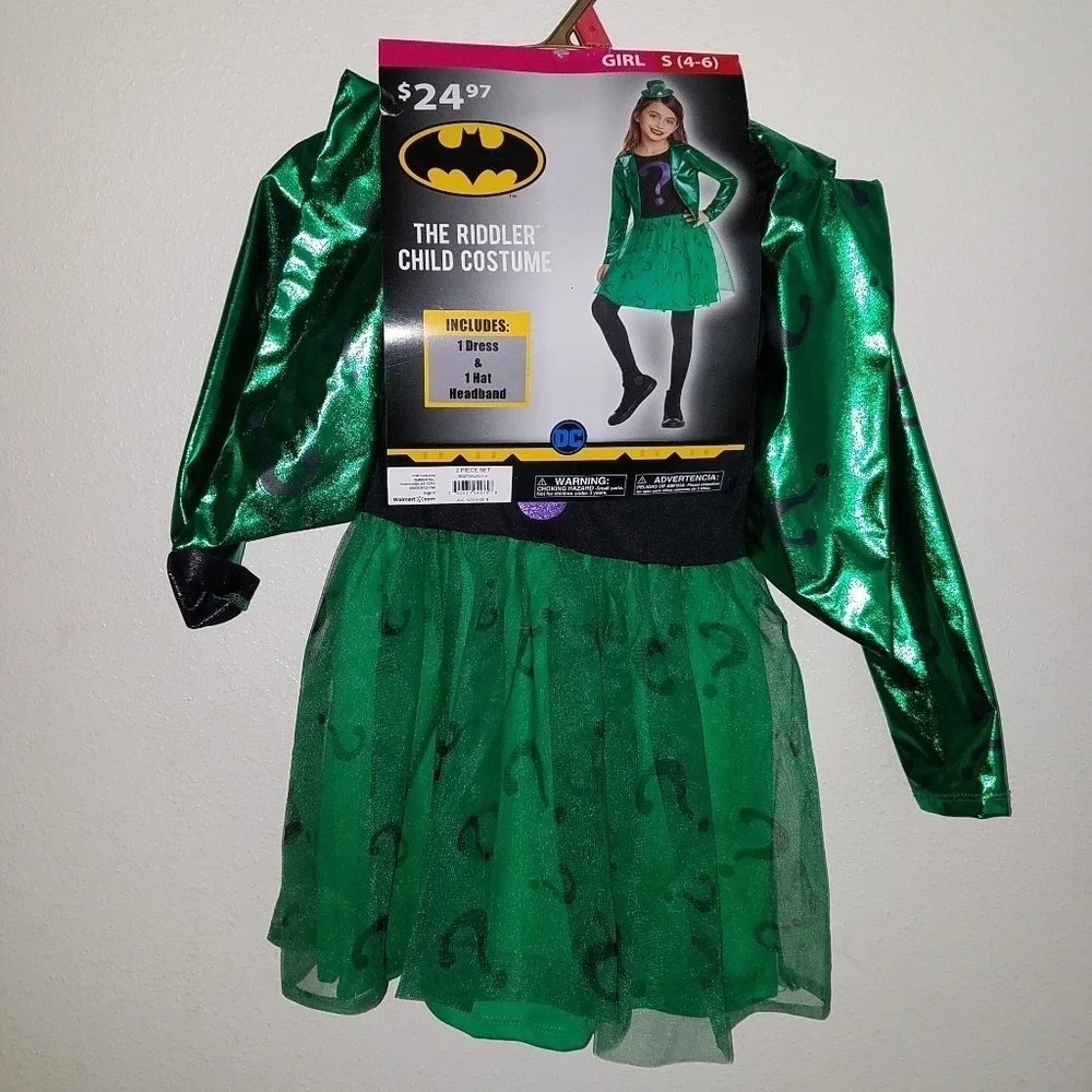 NEW Riddler Girl Halloween Costume Cosplay Small 4-6 Dress Hat Batman Villain